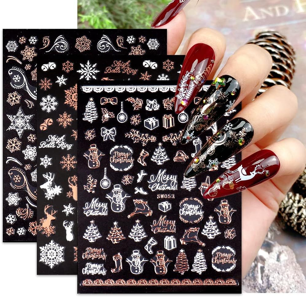 9 Sheets Christmas Nail Art Stickers Decals Self-Adhesive Pegatinas Uñas Rose Gold Snowflake Tree Winter Nail Supplies Nail Art Design Decoration Accessories-Velvo Beauty