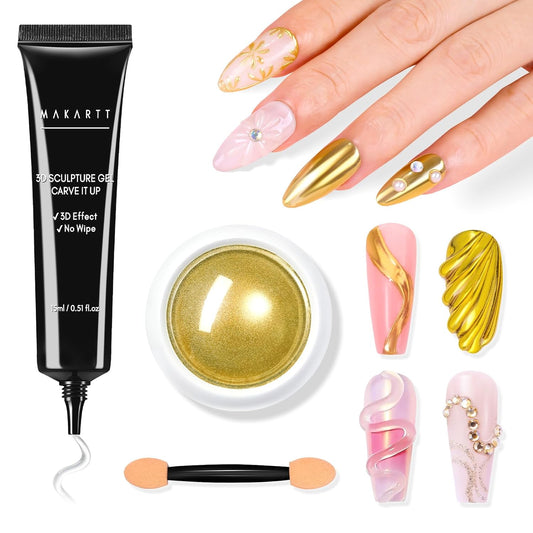 Makartt 3D Gel Nail Art with Gold Chrome Nail Powder Kit: Clear Molding Gel for Nail Art 15g Sculpting Glue Polish and Metallic Effect Mirror Powder Set for Nail Decoration Manicure Charms-Velvo Beauty