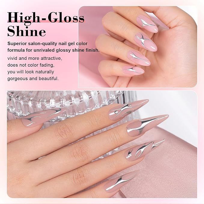 RARJSM Nude Gel Nail Polish Set 6 Colors with Metallic Silver Chrome Gel Liner Sheer Jelly Gray Pale Rose Apricot Pink GelPolish Transparent French Manicure Neutral GelVarnish LED UV Curing Requires-Velvo Beauty