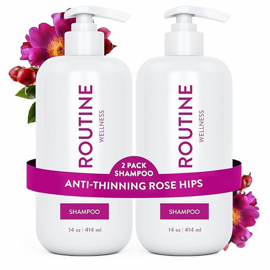 Routine Wellness Anti-Thinning Shampoo for Thinning Hair - Biotin DHT Blocker Women & Men - Color Safe Shampoo for Hair Loss & Healthy Hair - Rose Hips 14oz (Pack of 2)-Velvo Beauty