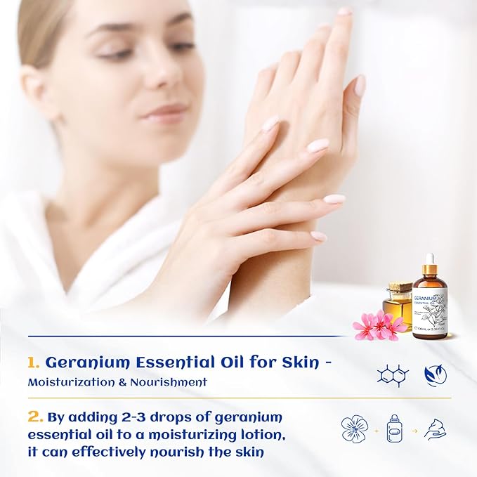 HIQILI 100ML Geranium Essential Oil for Skin, Diffuser & Candle, 100% Pure and Natural - 3.38 Fl Oz-Velvo Beauty