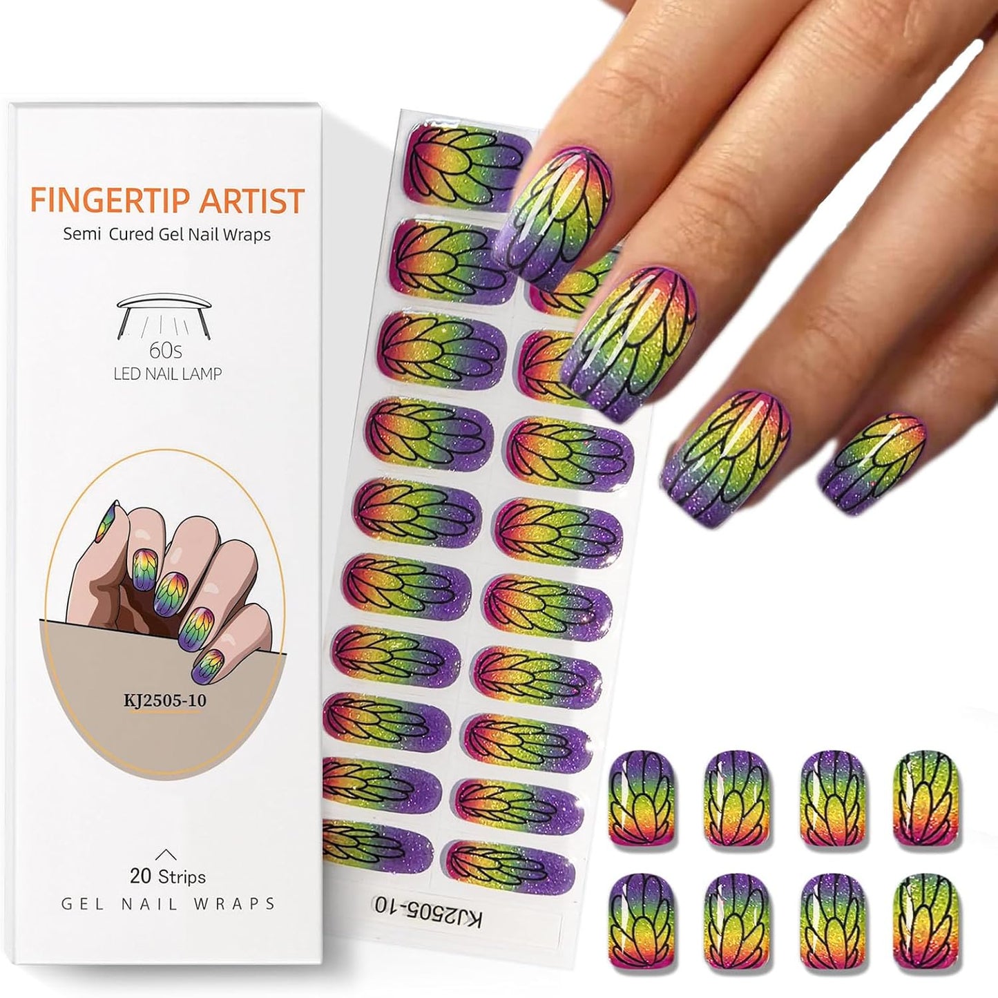 Semi Cured Gel Nail Strips with Glitter Butterfly Designs Colorful Gel nail stickers Salon Quality & Easy to Use for Women 20 Pcs-Velvo Beauty