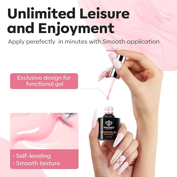 modelones Builder Nail Gel, 8-in-One Pink Builder for Nail Thickening, U/V LED Lamp Cured Hard Color Base Extension Rhinestone Tips Glue Gel Polish in a Bottle for DIY Home Manicure Women-Velvo Beauty