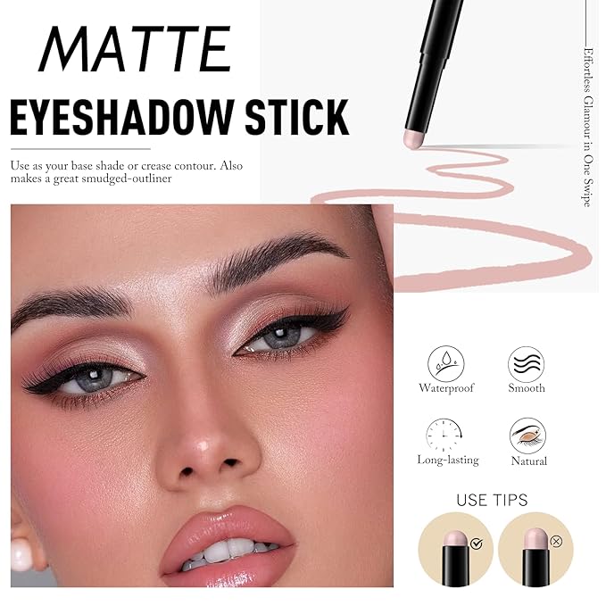Eyeshadow Stick Rose Nude, Matte Cream Eye Shadow Stick Waterproof Pink Eyeliner Brightener Pencil Crayon Long-Lasting Eye Highlighter Makeup for Older Women Easy to Use High Pigmented-Velvo Beauty