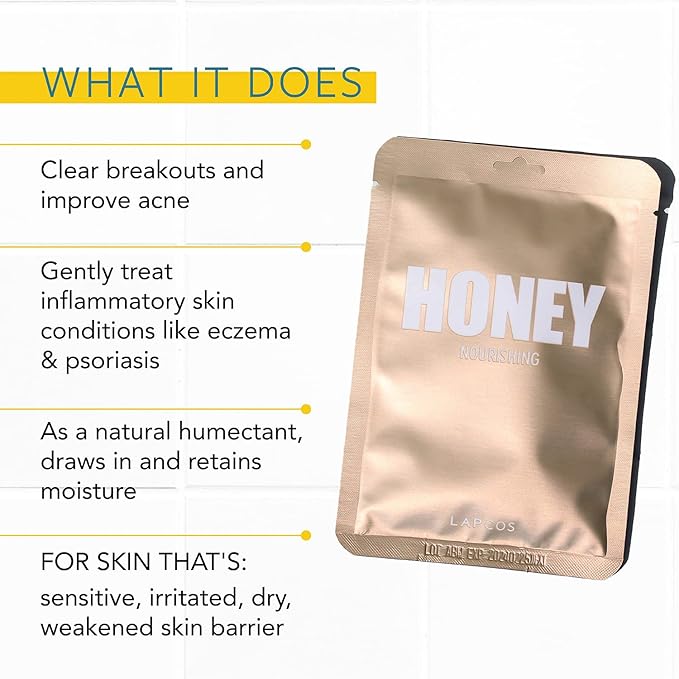 LAPCOS Honey Sheet Mask, Daily Face Mask with Hyaluronic Acid and Antioxidants to Hydrate and Tighten Dry Skin, Korean Beauty Favorite, 5-Pack-Velvo Beauty