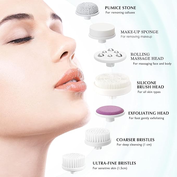 COSLUS Facial Cleansing Brush Silicone Face Scrubber: 7 in 1 FBS-D Electric Exfoliating Rotating Massage Device Waterproof Deep Cleaning Exfoliation Spa Machine - Electronic Skin Care Wash System-Velvo Beauty