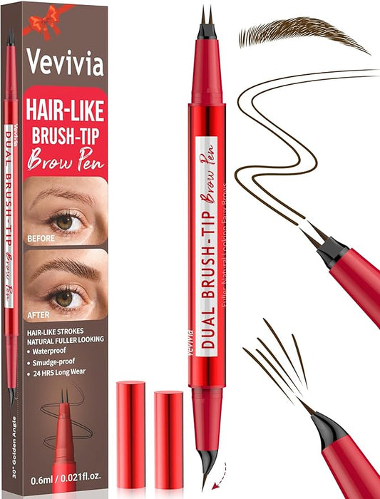 Vevivia Eyebrow Pencils for Women - Eyebrow Pen with Dual-Brush-Tip & Curved Tip for Natural Fuller-Looking Brows, Precise Hair-Like Strokes for All Brow Types, Last All-Day Brow Makeup, Dark Brown-Velvo Beauty