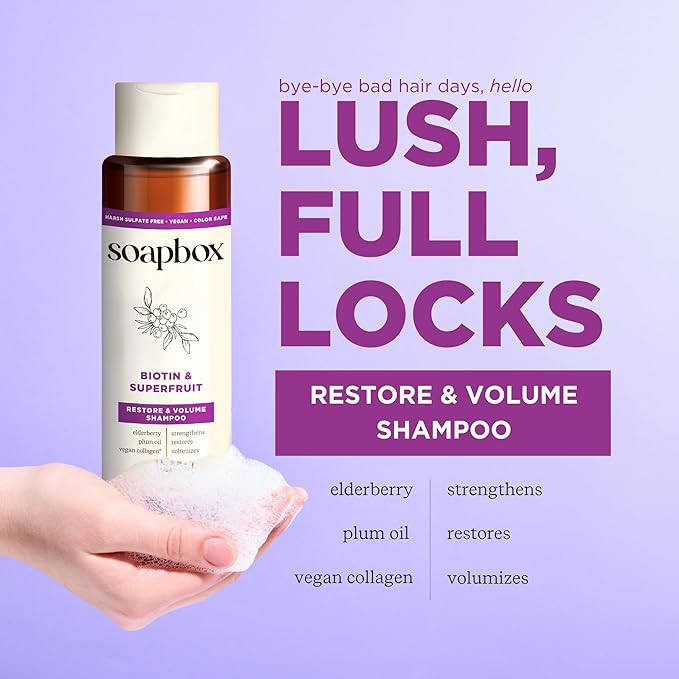 Soapbox Biotin Shampoo, Biotin & Collagen Super Fruit Shampoo for Thin, Fine, Thinning Hair | Volumizing & Repairing to Promote Hair Growth, Strength, Fullness, 1 Liter Pump Bottle-Velvo Beauty
