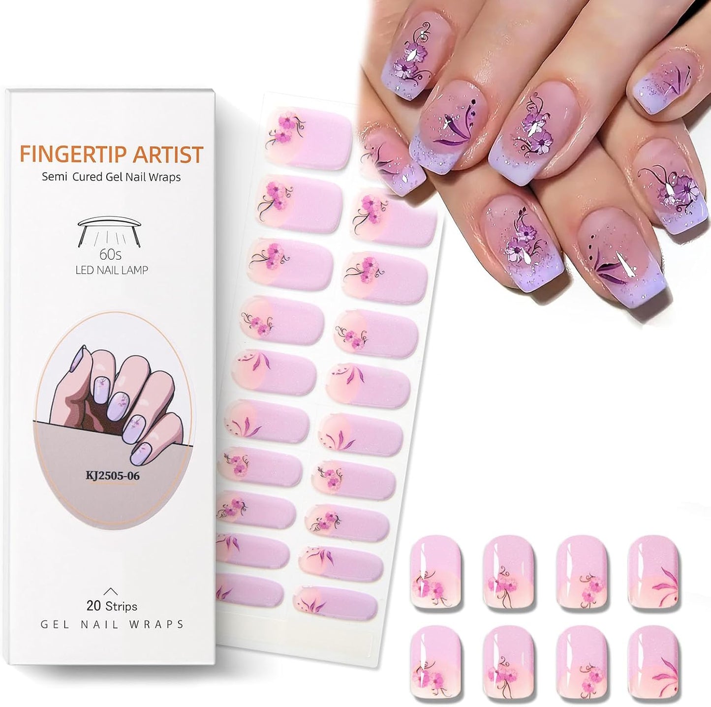 Semi Cured Gel Nail Strips French Tip Gel Nail Strips with Flower Designs Glossy Pink Stickers Wraps Need UV/LED Light Salon Quality & Easy to Use for Women 20 Pcs-Velvo Beauty