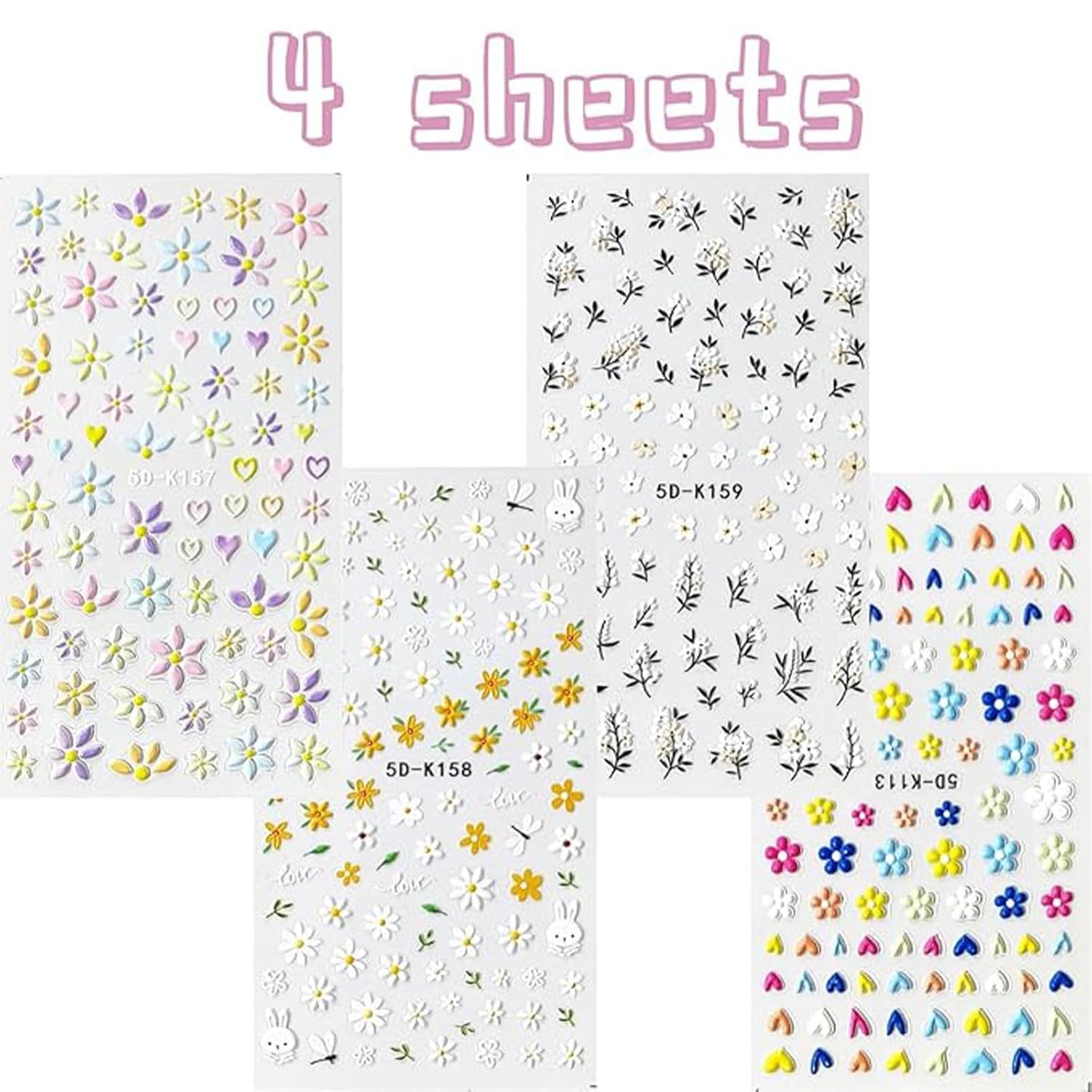 Flower Nail Art Stickers Decals 5D Embossed Nail Decals Spring Summer Daisy Nail Art Design Self-Adhesive Nail Supplies Accessories 3D Flower Nail Stickers for Women Nail DIY Decoration-Velvo Beauty