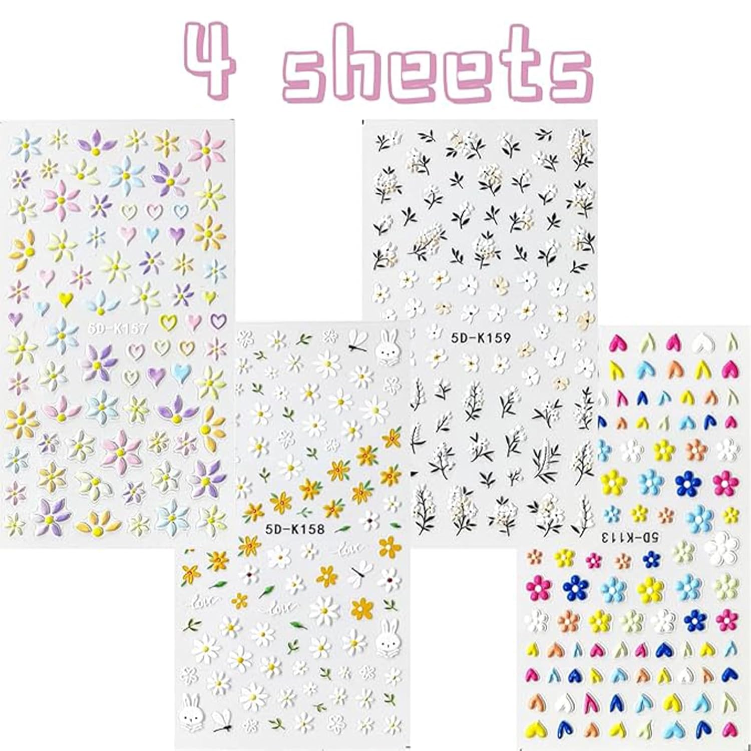 Flower Nail Art Stickers Decals 5D Embossed Nail Decals Spring Summer Daisy Nail Art Design Self-Adhesive Nail Supplies Accessories 3D Flower Nail Stickers for Women Nail DIY Decoration-Velvo Beauty
