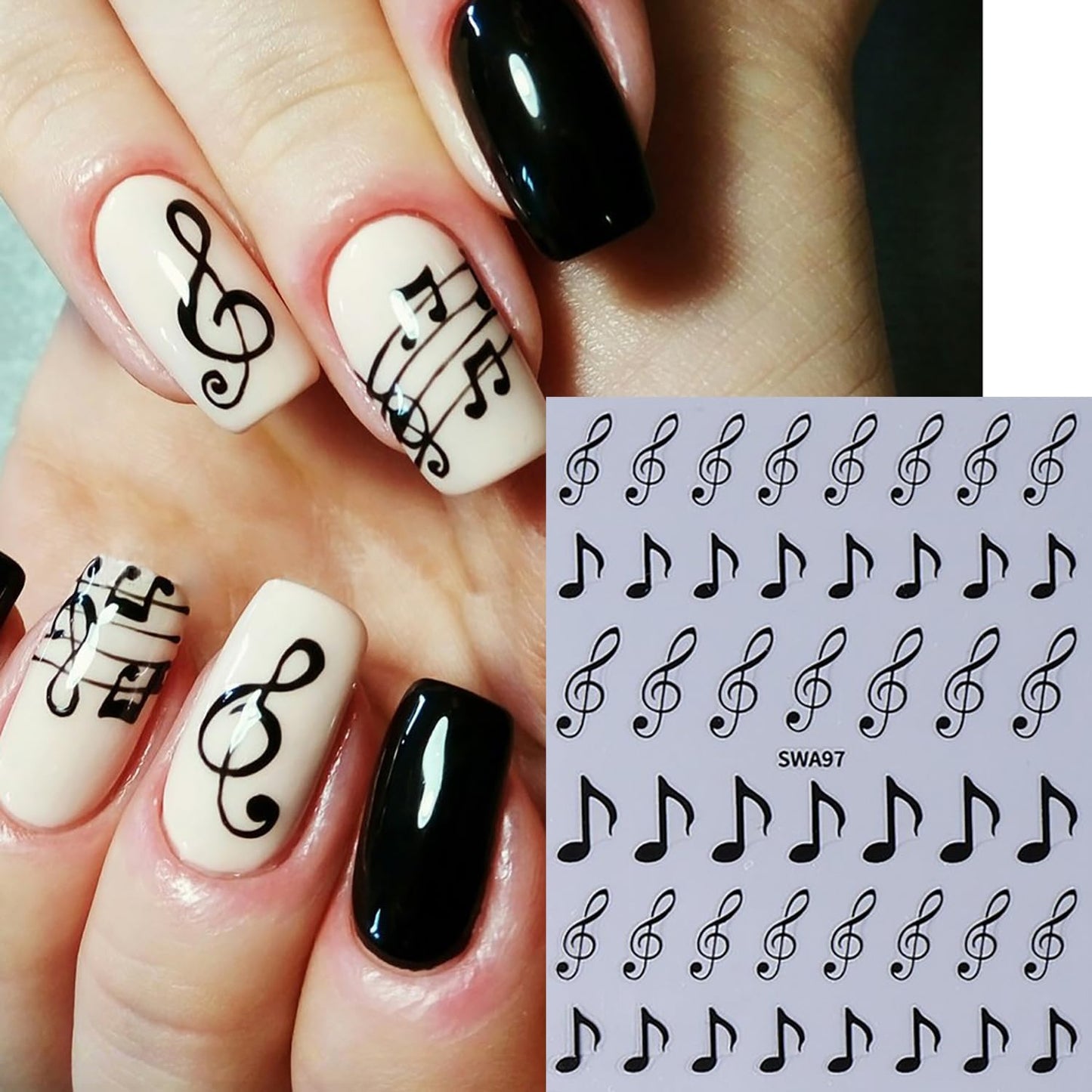 6 Sheets Musical Symbols Nail Art Stickers 3D Self-Adhesive Nails Sticker Music Notation Nails Art Decals Holographic Music Decal Decoration for Women Silver Black Manicure Stickers DIY Nail Supplies-Velvo Beauty
