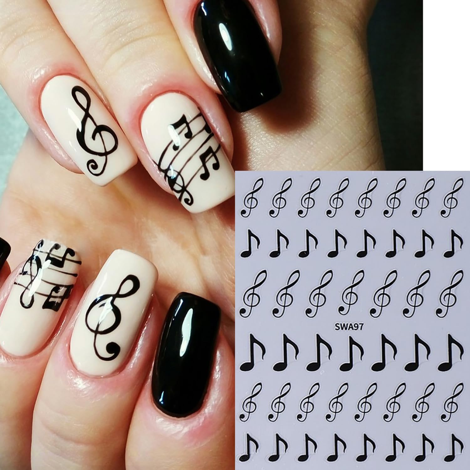 6 Sheets Musical Symbols Nail Art Stickers 3D Self-Adhesive Nails Sticker Music Notation Nails Art Decals Holographic Music Decal Decoration for Women Silver Black Manicure Stickers DIY Nail Supplies-Velvo Beauty