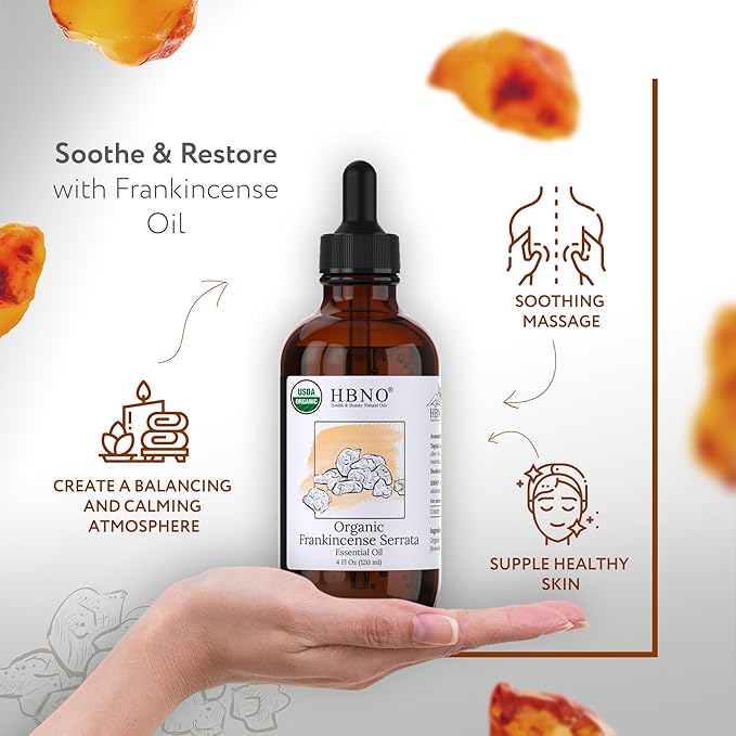 HBNO California Bottled Organic Frankincense Essential Oil 4 fl oz (120ml) - USDA Certified Oil - Organic Frankincense Essential Oil for Skin and Aromtherapy-Velvo Beauty
