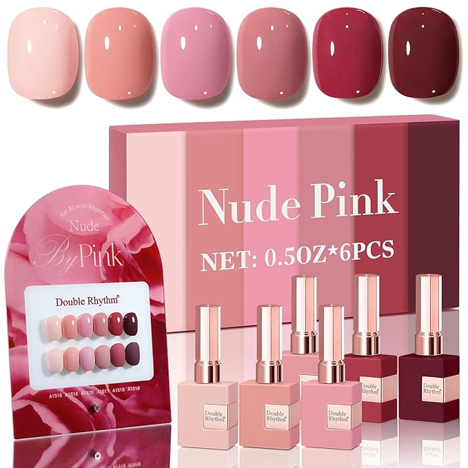 Double Rhythm 6 Pcs 15 ML Gel Polish Set Same Color Same Bottle Soak Off Gel Polish Kit Nail Art Manicure Salon DIY at Home for Women (Burgundy Red Nude Pink Purple Beige-T6-3)-Velvo Beauty