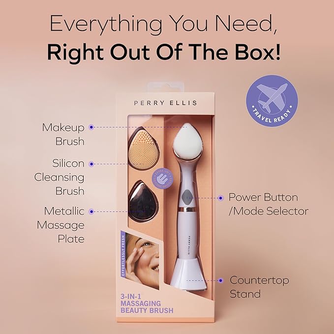 Perry Ellis 3-in-1 Beauty Brush with Silicone Face Cleanser, Makeup Applicator, and Metallic Eye-Massaging Plate, IPX6 Water-Resistant Electric Skincare Accessory with 3 Vibrating Modes and Stand-Velvo Beauty