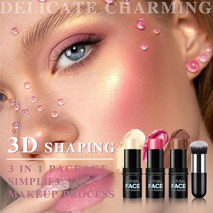 3Pcs Contour Highlighter Cream Blush Stick for Cheeks Eyes Lips Lightweight Dewy Finish Blush Stick Waterproof Long Lasting Contour Stick Trio Wand Face Makeup Set for Girls and Women (1+3+4)-Velvo Beauty