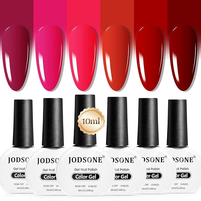 JODSONE 10ml Red Gel Nail Polish Set 6Colors Rose Red Deep All Seasons Neutral Soak off LED Lamp Gel Manicure Set for Nail Art-Velvo Beauty