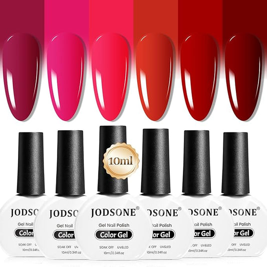 JODSONE 10ml Red Gel Nail Polish Set 6Colors Rose Red Deep All Seasons Neutral Soak off LED Lamp Gel Manicure Set for Nail Art-Velvo Beauty