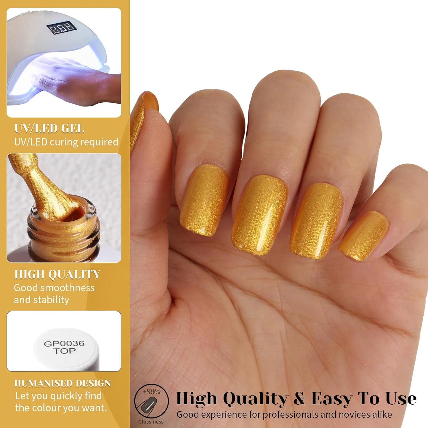 Gold Metallic Glitter Gel Polish,15ml UV/LED Soak Off Sparkly Gold Yellow Chrome Gel Nail Polish Kit for Manicure Salon or DIY Nail Art at Home,Party Holiday Color Gel Gift - GP0089-Velvo Beauty