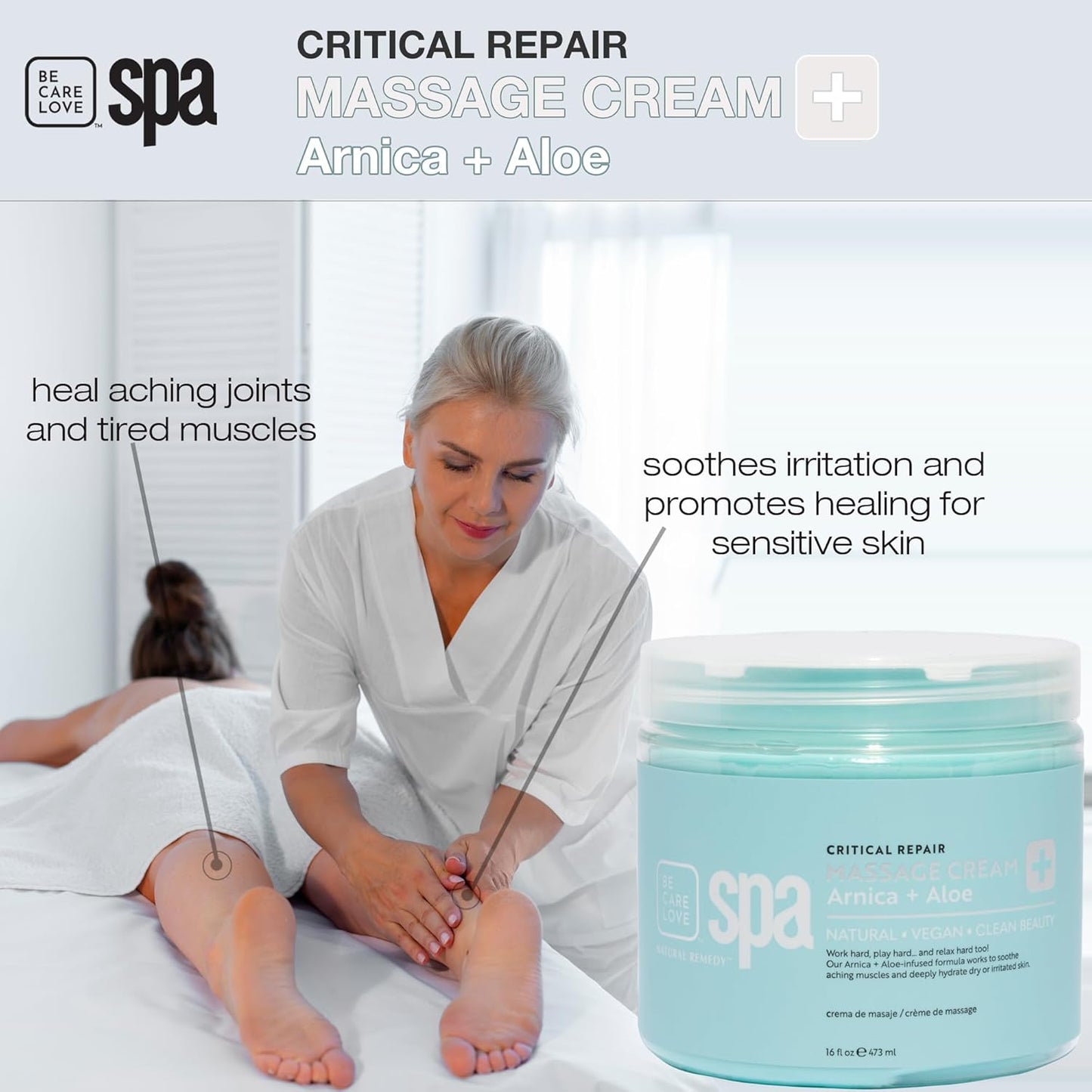 Be Care Love Spa Critical Repair Massage Cream with Organic Arnica and Organic Aloe Natural Vegan Clean Beauty Made in USA 16 fl oz-Velvo Beauty