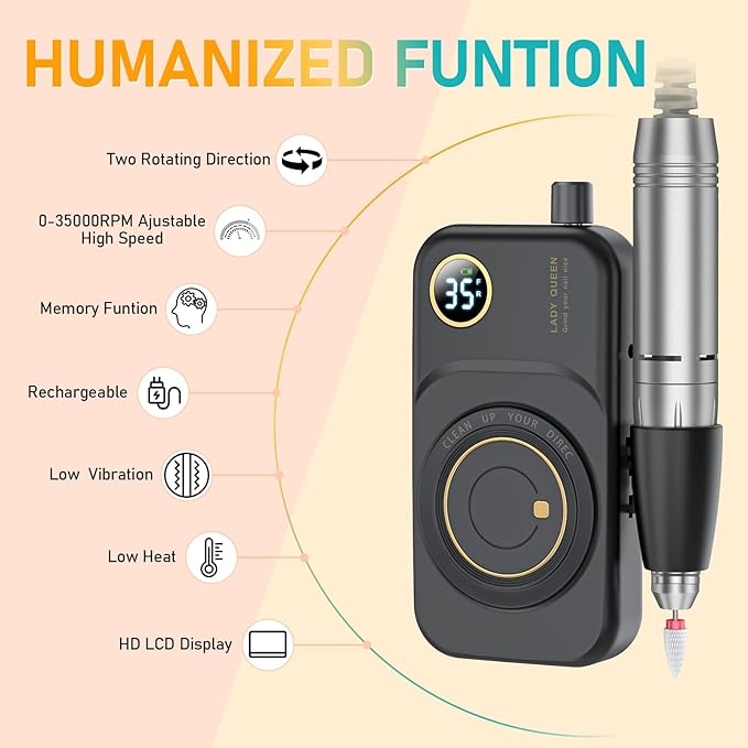 Portable Nail Drill Electric File: 35000RPM Professional Rechargeable Nail E File Machine,for Acrylic Nails Gel Polishing Removing, Cordless Efile with Bits Kit for Manicure Salon Home (Black)-Velvo Beauty