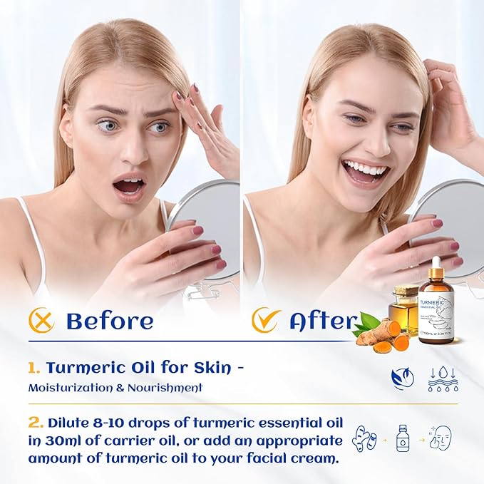 HIQILI 100ML Turmeric Oil for Face Skin Care, Aromatherapy,100% Pure, Use After Dilution- 3.38 Fl Oz-Velvo Beauty