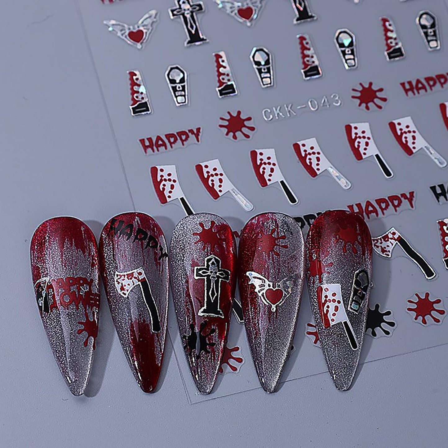 6 Sheets Halloween Nail Art Stickers 3D Self -Adhesive Bloods Hand Skeleton Nail Decals Holographic Blood Knives Nail Stickers Halloween Nail Decoration for Women Manicure Supplies-Velvo Beauty