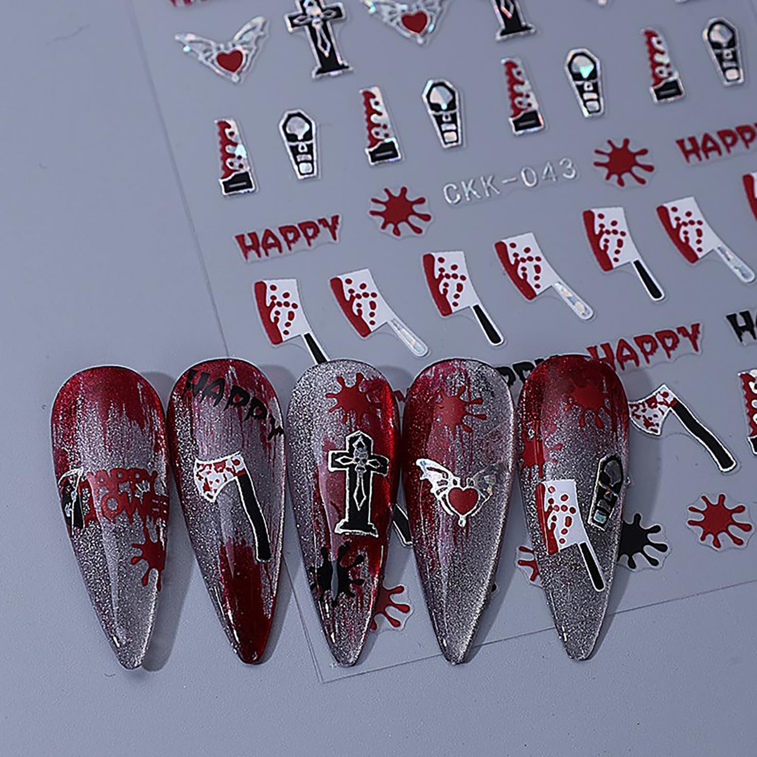 6 Sheets Halloween Nail Art Stickers 3D Self -Adhesive Bloods Hand Skeleton Nail Decals Holographic Blood Knives Nail Stickers Halloween Nail Decoration for Women Manicure Supplies-Velvo Beauty