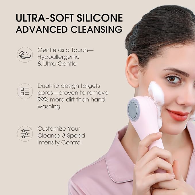 Facial Cleansing Brush,Silicone Face Scrubber,Pore Scrubber for Women Men,IPX7 Waterproof Exfoliating Face Brush,Rechargeable Electric Face Scrub,Pink-Velvo Beauty