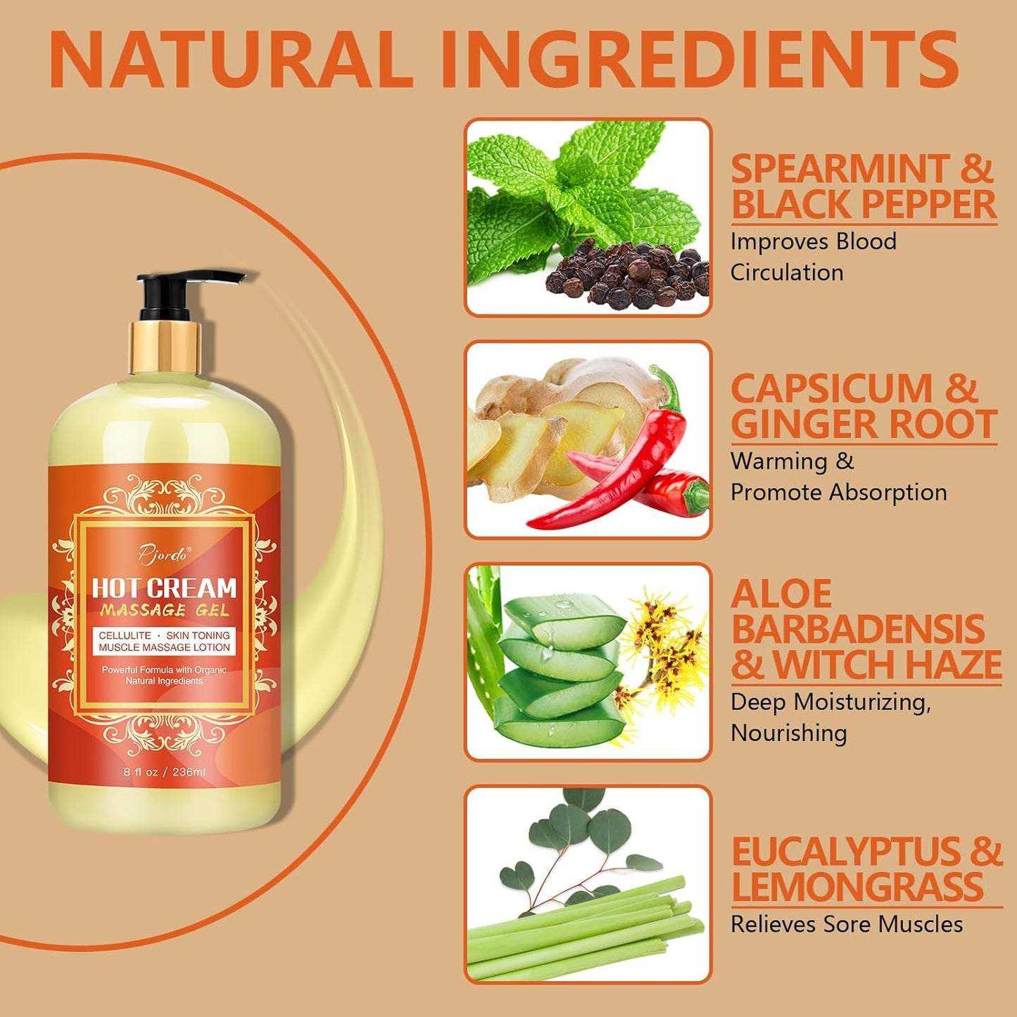 Anti Cellulite Massage Oil & Hot Cream Set with Massager, Natural Cellulite Remover, Oil & Massager for Legs Arms and Butt, Firm, Tighten & Moisturize Skin Soothes Muscles (8 Fl Oz)-Velvo Beauty