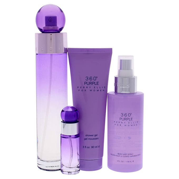 Perry Ellis 360 Purple Women 3.4oz EDP Spray, 7.5ml EDP Mini Spray, 4oz Body Mist, 3oz Shower Gel 4 Pc Gift Set-Velvo Beauty