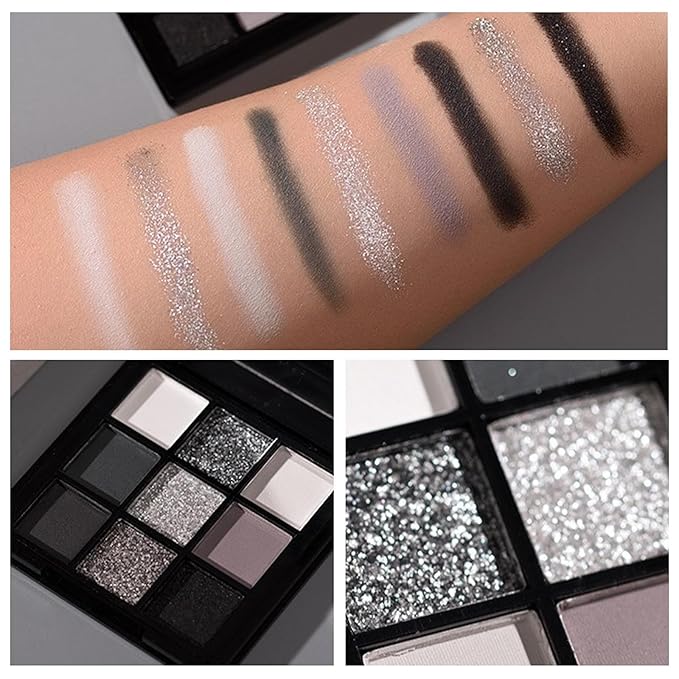 Erinde 9 Color Smokey Eyeshadow Palette, Highly Pigmented Matte & Glitter Shades,Black Silver Gray Eye Shadow Set for Halloween Makeup, Long-Lasting, Waterproof & Blendable, Reversal Star Smokey-Velvo Beauty