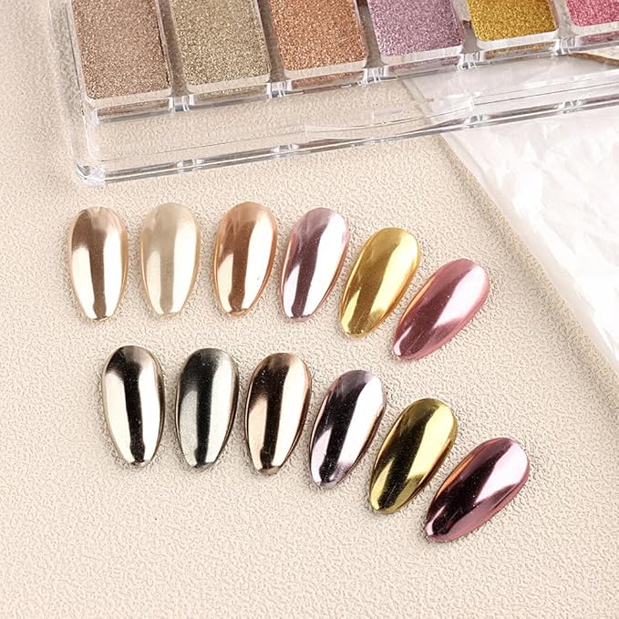 6 Colors Solid Chrome Nail Glitter Powder Set Metallic Mirror Chrome Powder for Nails, Gold Rose Gold Champagne Mutil Colors Palette Nail Pigment Powder Manicure Nail Art Decorations-Velvo Beauty
