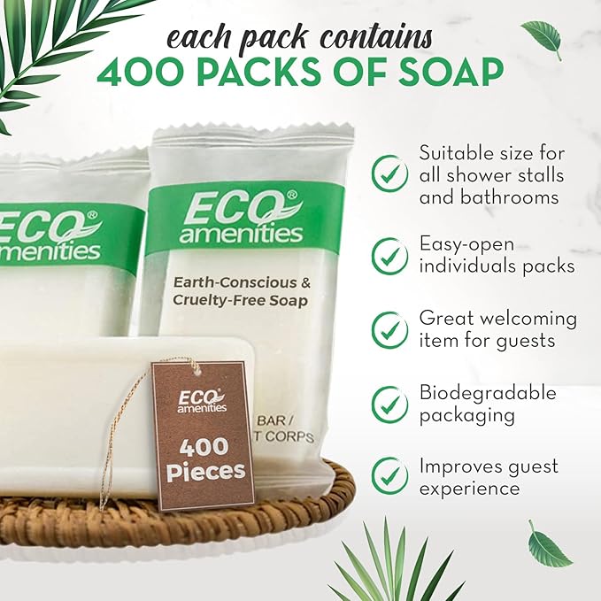 ECO amenities Travel Size Bar Soap - 400 PACK, 0.5 oz Mini Soap Bars, Hotel Soap Bars, Travel Size Toiletries - Individually Wrapped Bulk Soap Bar, Small Hotel Soaps for BNBs, VRBO, Inns and Hotels-Velvo Beauty