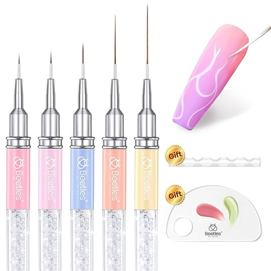 Beetles Gel Polish Nail Art Liner Brushes 5Pcs Painting Art Design Pen Set Diamond Application Rhinestone Handle Drawing Nail Art Brushes Tools Sizes 5/6/11/20/25mm Nail Art Design Gift for Women-Velvo Beauty