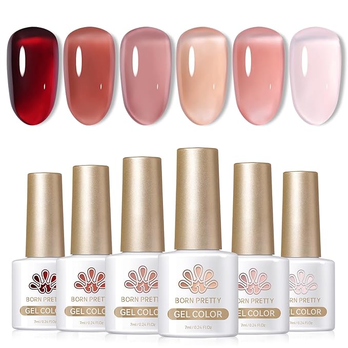 Born Pretty Jelly Burgundy Gel Nail Polish Blood Wine Red Nude Pink Gel Polish Sheer Transparent Halloween Gel Polish Kit Wild Rose for Salon Manicure and Nail Art DIY at Home 6Colors-Velvo Beauty