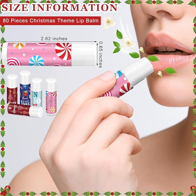 Sosation 80 Pcs Christmas Flavored Lip Balm Bulk Christmas Stocking Gift Set Holiday Celebrate Lip Balm Stick Beauty Care-Velvo Beauty