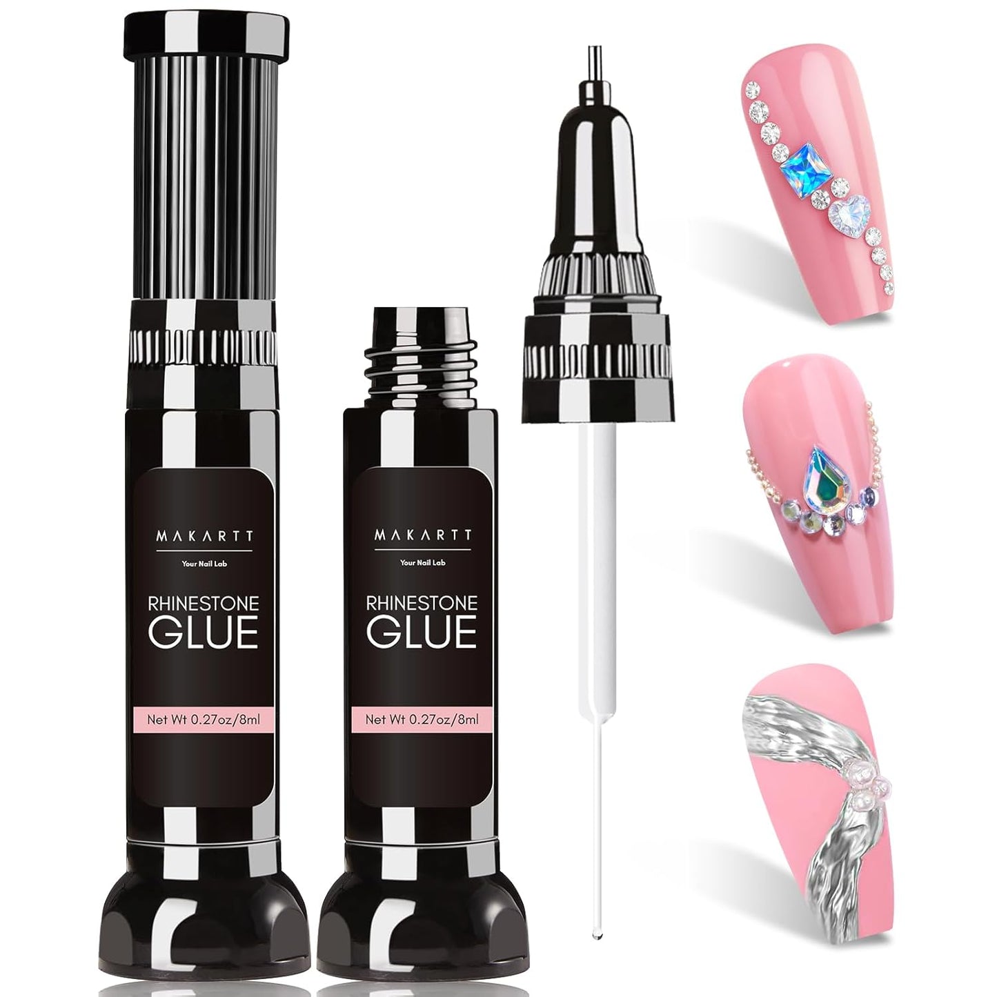 Makartt Nail Rhinestone Glue Gel, Upgrade Gel Nail Glue with Brush Pen Tip Super Strong Adhesive Precise for Nail Charms Crystals Rhinestone Beads Flower 3D Decorations 8ml*2-Velvo Beauty