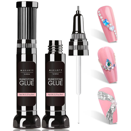 Makartt Nail Rhinestone Glue Gel, Upgrade Gel Nail Glue with Brush Pen Tip Super Strong Adhesive Precise for Nail Charms Crystals Rhinestone Beads Flower 3D Decorations 8ml*2-Velvo Beauty