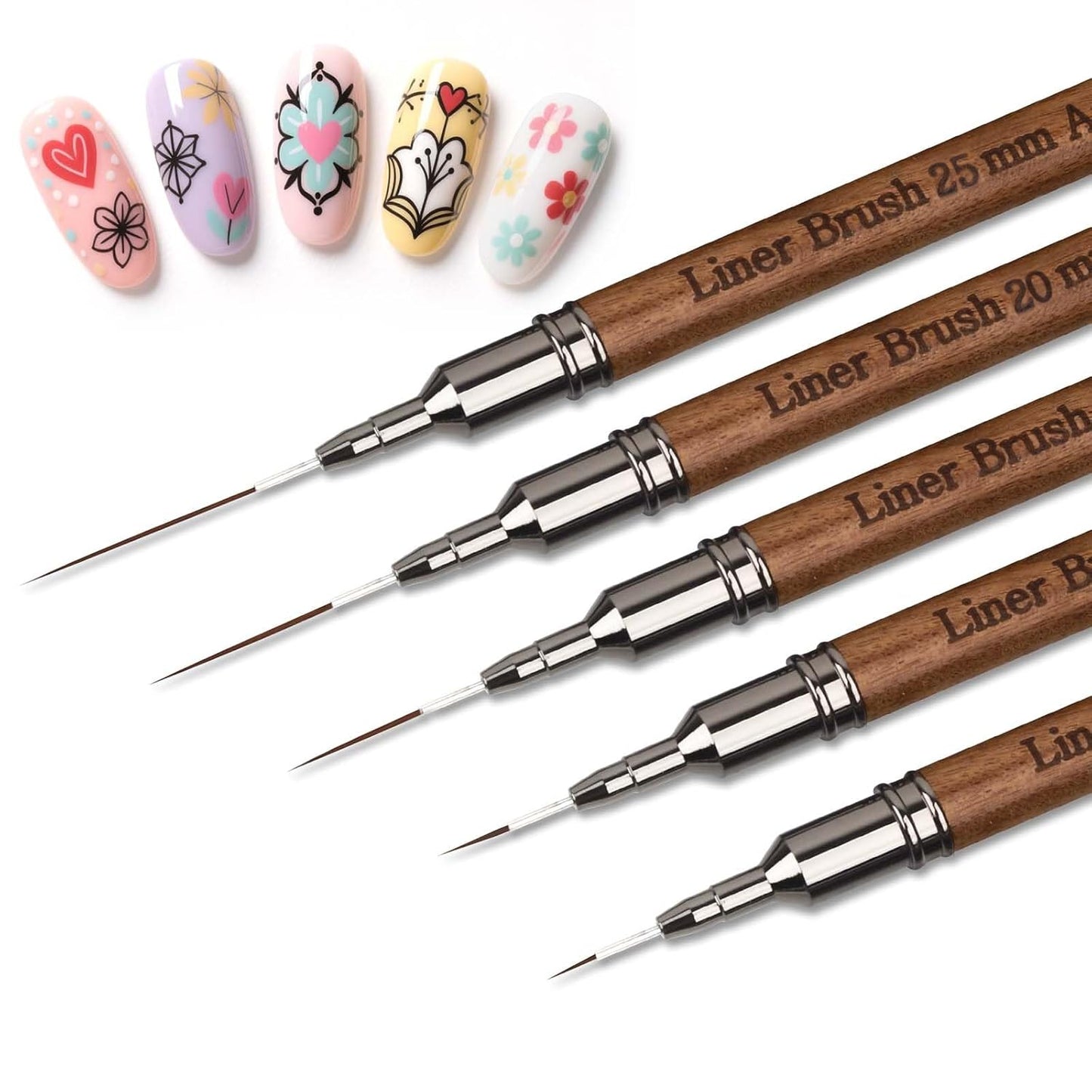 Artdone Wood Grain Nail Art Pens, Liner Brushes Set, 5PCS Brown Color Nail Tools For Long Lines, Thin Details, Fine Drawing, Liner Brush UV Gel Polish Painting Nail Design Sizes 5/12/13/20/25mm-Velvo Beauty