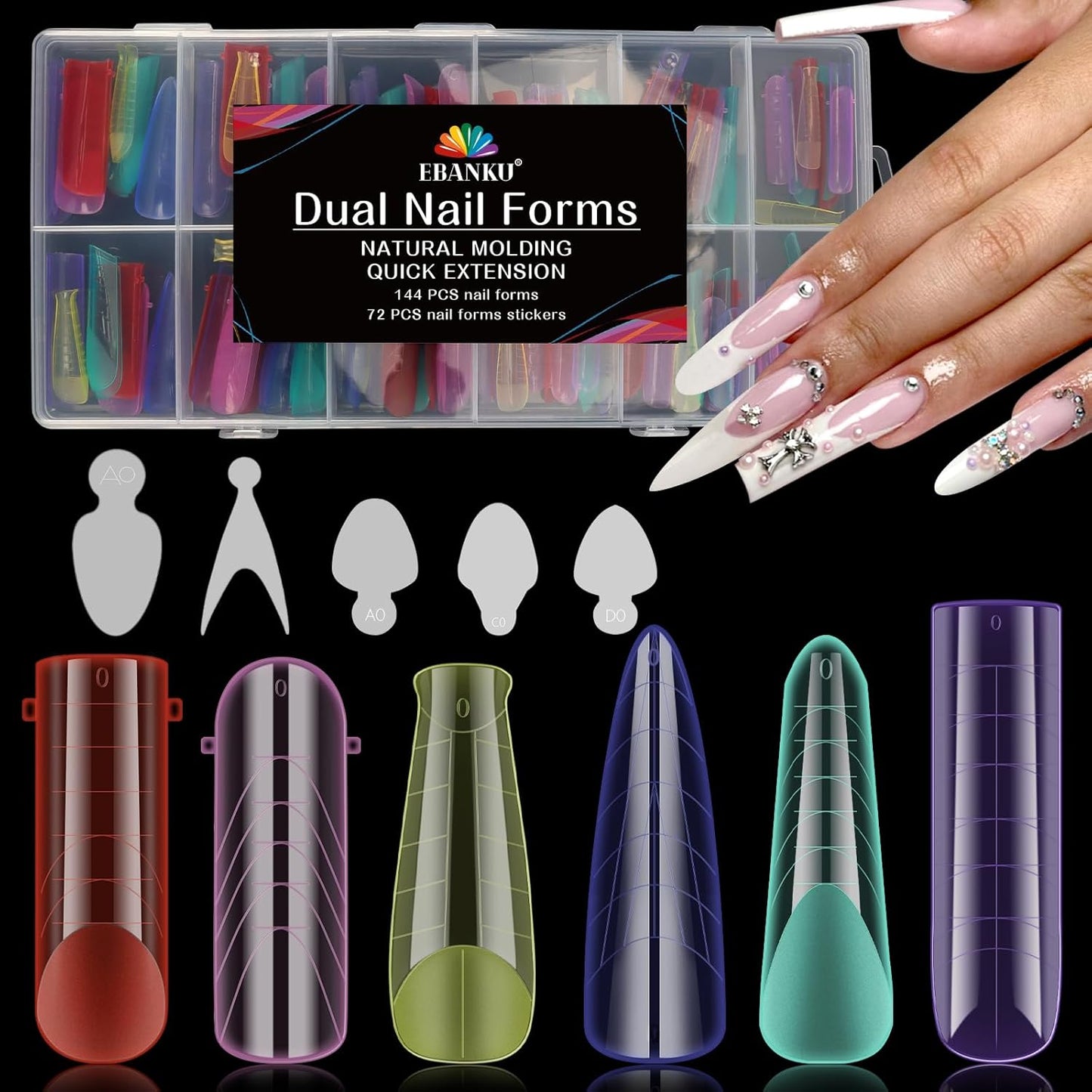 Dual Forms for Poly Gel Extension, 6 Colors Nail Form, 6 Styles Nail Forms for French Nails, 72PCS Duet System Dual Forms Sticker Silicone Pads for French Manicure Extension-12 Sizes, 144PCS-Velvo Beauty