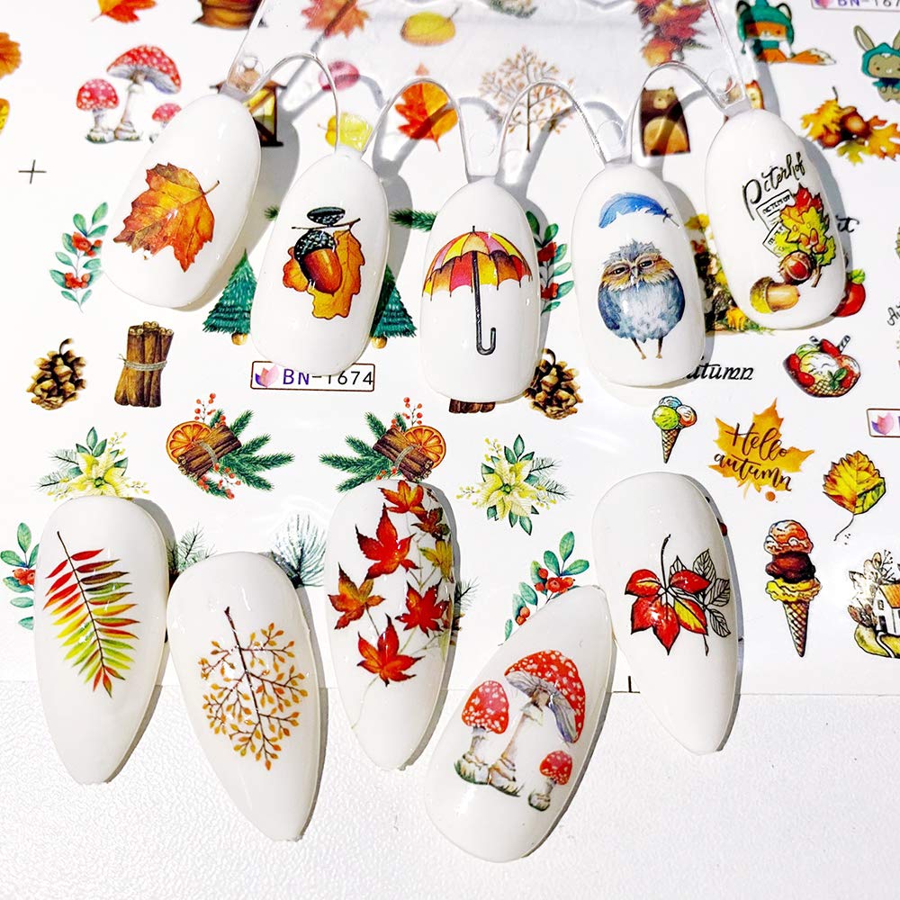 Fall Nail Stickers Autumn Maple Leaf Nail Art Decals Thanksgiving Day Water Decal Transfer Slider Set Turkey Pumpkin Nail Art Foil Stickers Nail Supplies Accessories Decoration Manicure Tips 12 Design-Velvo Beauty