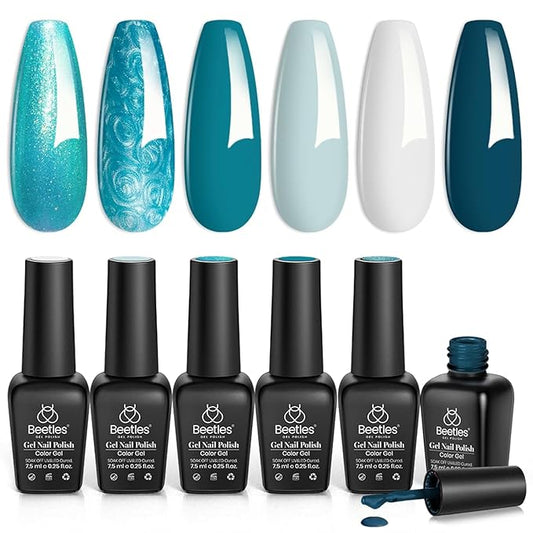Beetles Blue Gel Nail Polish Set, 6 Colors Glitter Pearl Gel Polish Mermaid Treasures Nail Art Design Soak off Uv Led Nail Lamp-Velvo Beauty