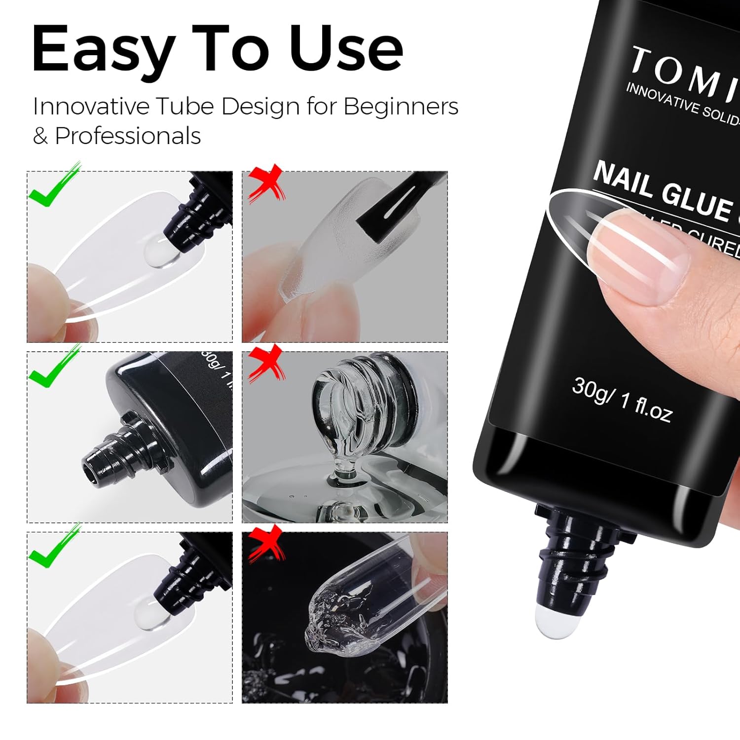 TOMICCA 4 in 1 Nail Glue for Press Ons 30g Gel Nail Glue Strong for Acrylic Nails Lamp Curing Needed UV-Velvo Beauty