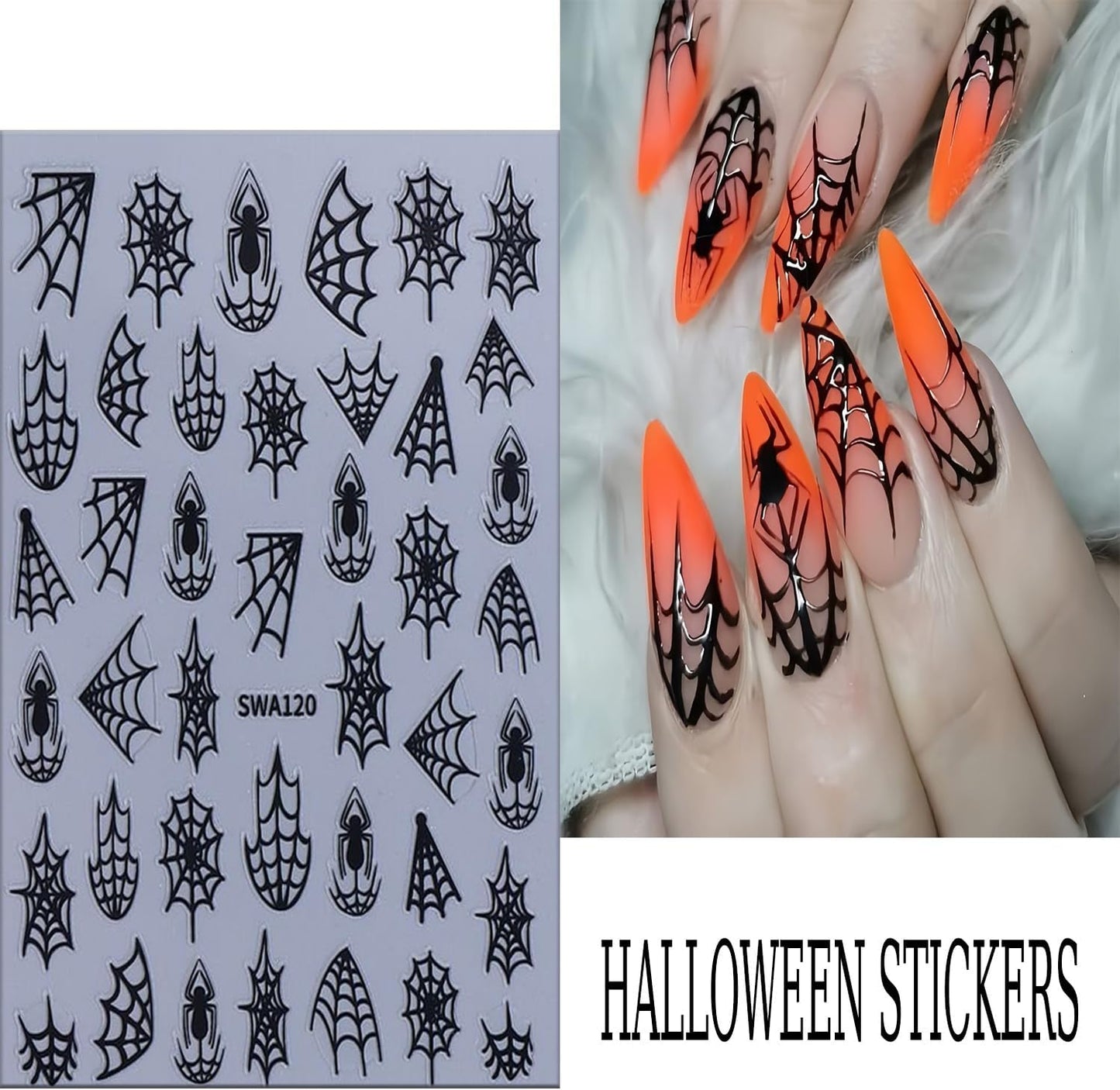 6 Sheets Halloween Spider Web Nail Art Stickers 3D Self -Adhesive Spider Web and Spider Nail Decals Holographic Black Gold Silver Nail Stickers Halloween Nail Decoration for Women Manicure Supplies-Velvo Beauty