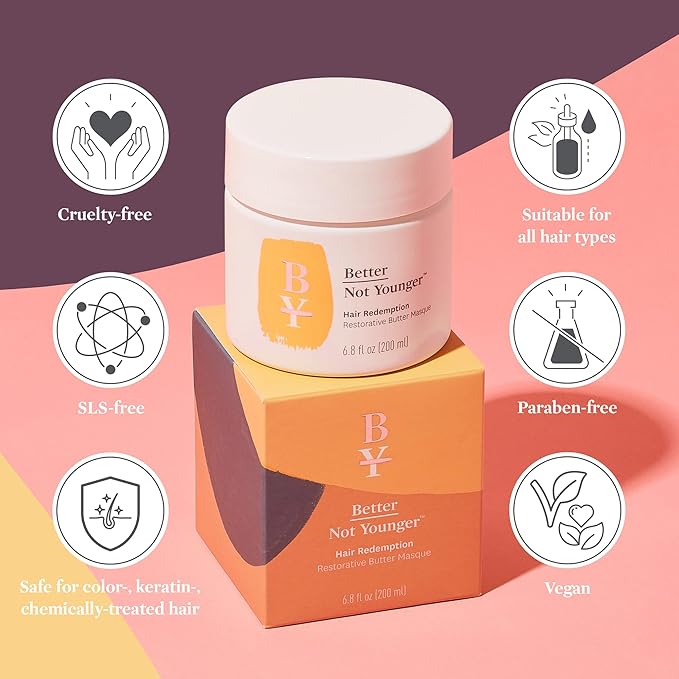 Better Not Younger Restorative Butter Hair Masque 6.8 fl oz - Hair Repair Mask with Plant-Based Butters, Biotin, Argan & Caffeine for Women Over 40 - Restores Moisture, Adds Volume & Boosts Shine-Velvo Beauty