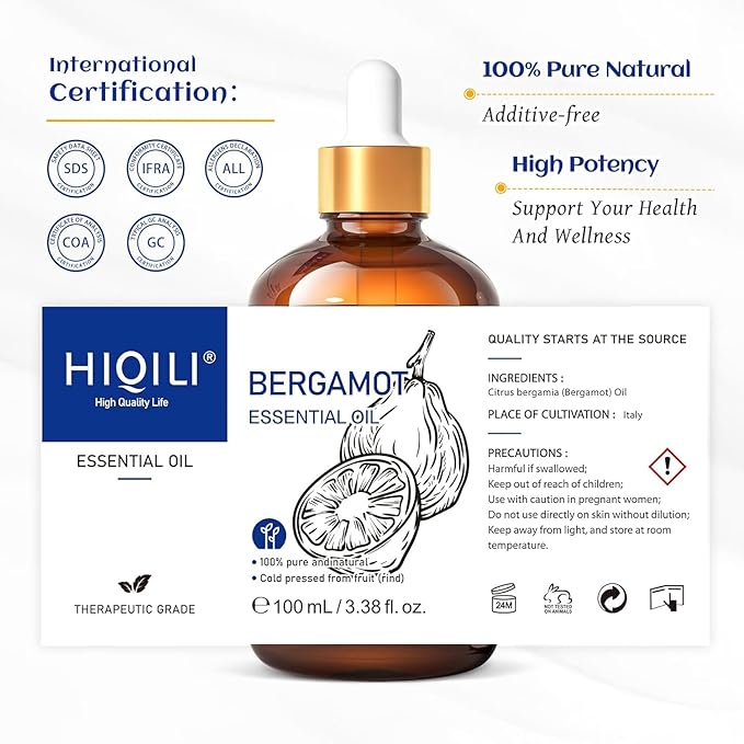 HIQILI Bergamot Essential Oil for Diffuser, Skin, Hair, DIY, 100% Pure & Natural - 3.38 Fl Oz (100 mL)-Velvo Beauty