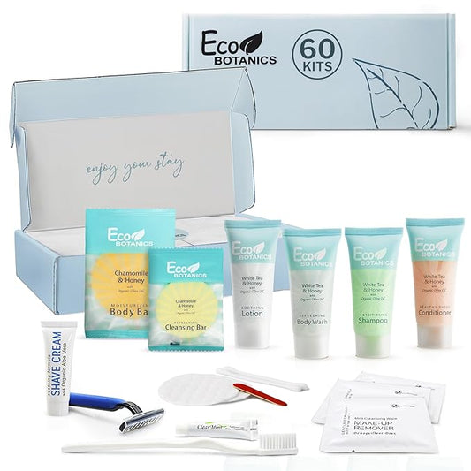 Eco Botanics Amenity & Accessory Kit | 0.85 oz Travel Size Shampoo, Conditioner, Lotion, Body Wash, Soap Bar, Shave & Dental Sets, Make-Up Remover Wipes, & Vanity Kit | 60 sets per case-Velvo Beauty