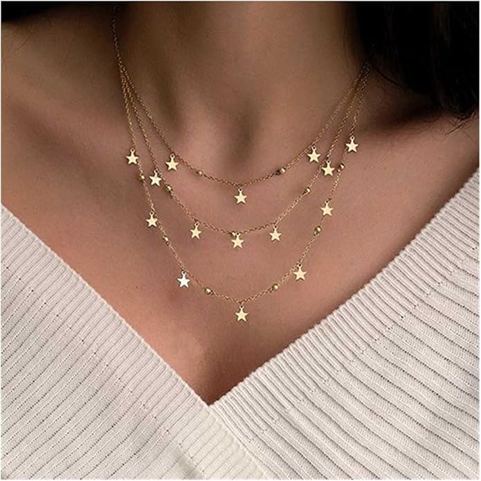 Vintage Layered Star Dangle Necklace Star Pendant Necklace Tiny Star Necklace Gold Bead Chain Necklace Jewelry for Women-Velvo Beauty